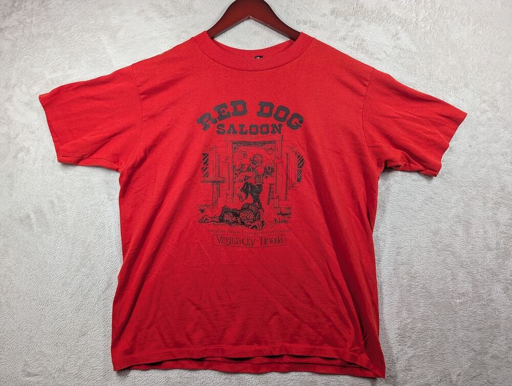 Vintage Single Stitch Red Dog Saloon Virginia City Nevada Red Shirt Sz LARGE